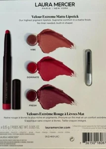 LAURA MERCIER Velour Extreme Matte Lipstick Sample Card 3 Shades With Lip Brush