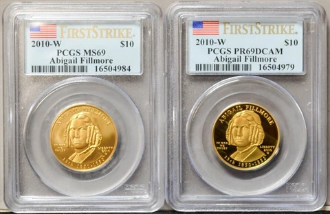 2010-W $10 Abigail Filmore 2pc Spouse Gold Set MS69, PR69 DCAM First Strike PCGS Cover