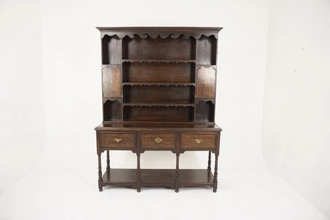Antique Oak Inlaid Welsh Dresser, Sideboard, Buffet + Hutch, Scotland 1900, H944 Cover