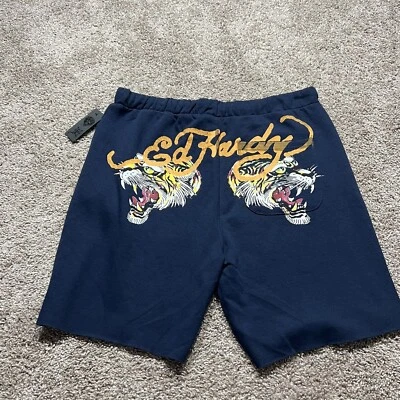 Nuevo con etiquetas Pantalones Cortos Ed Hardy Para Hombres Azul Screaming Tiger Polar Dobladillo Crudo Talla Grande Foto 1 de 4