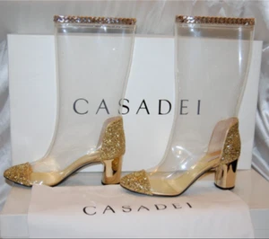 38,5 / 8❤️CASADEI METALLIC GOLD LOW HEEL GLITZER & PVC KETTE STIEFEL MADE IN ITALY - Bild 1 von 12