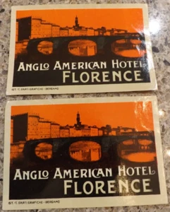 VINTAGE 1930s LOT OF 2 ANGLO AMERICAN HOTEL FLORENCE ITALY LUGGAGE LABEL ORIGINL - Picture 1 of 3