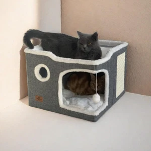 Cat Bed for Indoor Cats,Covered Cat Cave House & Furniture with Scratch Pad,Fold - Picture 1 of 12