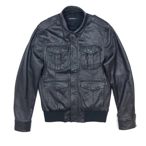 Giacca pelle Allsaints grande slim fit uomo militare campo utilità esercito nero - Foto 1 di 23