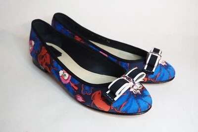 Christian Dior Azul y Rojo Floral Lazo Pisos, Talla 5 (US) 35 (EU) Foto 1 de 4