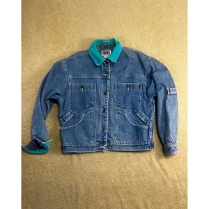 Chaqueta de mezclilla Forenza vintage verde azulado cuello de pana forrada a cuadros occidental para mujer S - Imagen 1 de 9