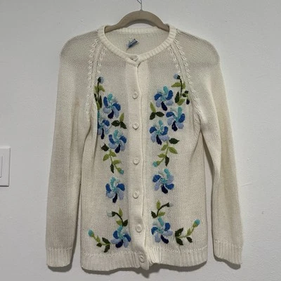 Cárdigan vintage años 60 Sears floral beige suéter grande largo damas crema Foto 1 de 4
