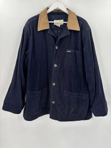 Vintage Eddie Bauer Corduroy Hunter Jacket Mens Large Blue Leather Collar Cotton - Picture 1 of 22