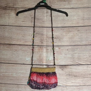 Peasant Boho Cross Body Bag ~ Beaded Shoulder Strap ~ Zip Close ~ Red / Grey - Picture 1 of 10