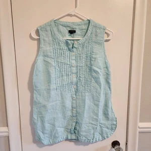 Talbots 100% Linen Sz Medium Sleeveless Blouse Top Tank Seafoam Teal Blue Green - Picture 1 of 3
