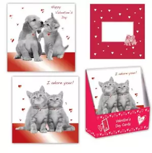 Large Valentines Day Card Cute Puppies & Kittens Square with Envelope - Picture 1 of 6