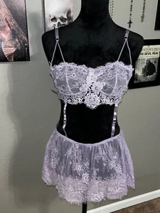 Dolls Kill Widow lavender embroidered lace bralette w suspenders skirt L EUC - Picture 1 of 7
