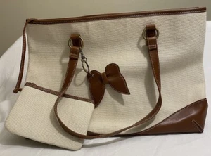 Coldwater Creek Double Handle Canvas Leather Trim Tote Bag Purse Beige Brown NEW - Picture 1 of 14
