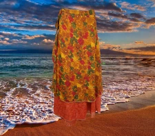 Womens Wrap Long Skirt, gift, Beach Cover Up, Yellow Orange Printed Two One Size
