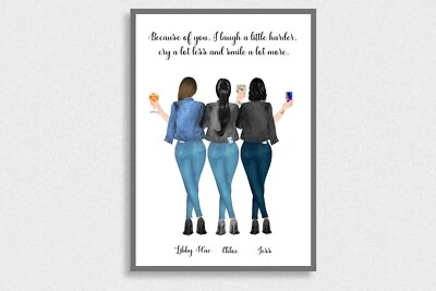 TILLY MINTS PRINTS Personalised 3 Friends Gift Best Friend Print Choose Hair Choose Drinks UNFRAMED