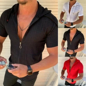 T-shirt maglietta uomo slim fit con cappuccio manica corta, zip scollo a V sport palestra - Foto 1 di 8