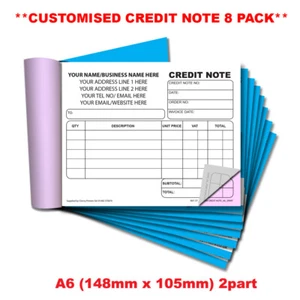 ** PERSONALISED** NCR Credit Note Duplicate Book A6 (148mm x 105mm) 8 PACK - Picture 1 of 4