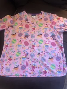 Cute pink springtime bunny scrub top women’s large with pockets - Picture 1 of 5