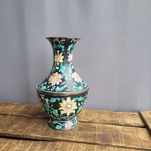 Jarrón chino vintage esmaltado Cloisonne negro floral decoración oriental - Imagen 1 de 8