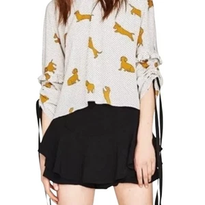 Zara Woman Womens Size XS Dachshund Dog Print Polka Dot Top Tie Sleeve - Picture 1 of 8