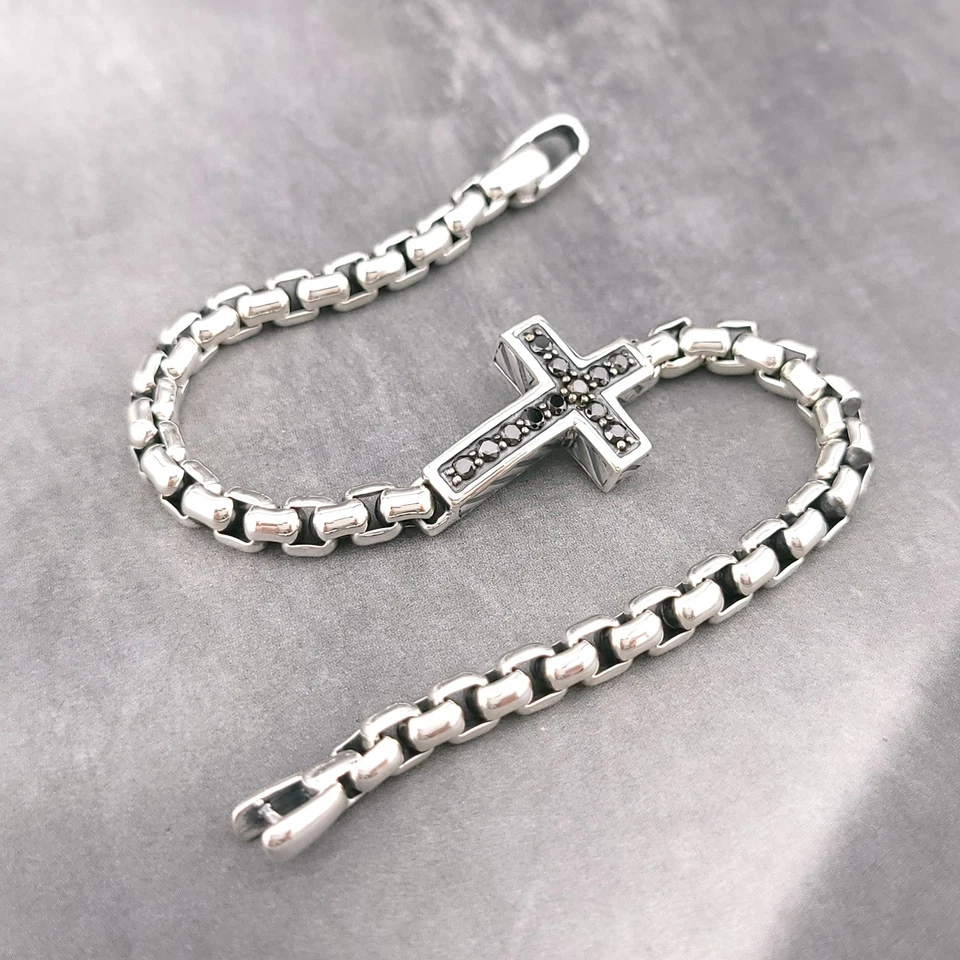David Yurman 925 Sterling Silver Black Diamond Cross 5'mm Box Chain 8" Bracelet - Image 1 of 4