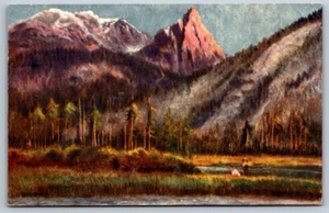 Ungeteilte Rückseite Postkarte Gemälde Bergszene mit Camper - Bild 1 von 2