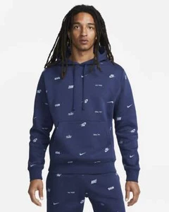 Nike Club Fleece All Over Print Graphic Pullover Hoodie Sweatshirt Navy size 2XL - Picture 1 of 6