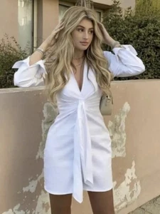 Zara White Short Poplin Shirt Dress With Knot Size Small Ref 4661 118 - Picture 1 of 10
