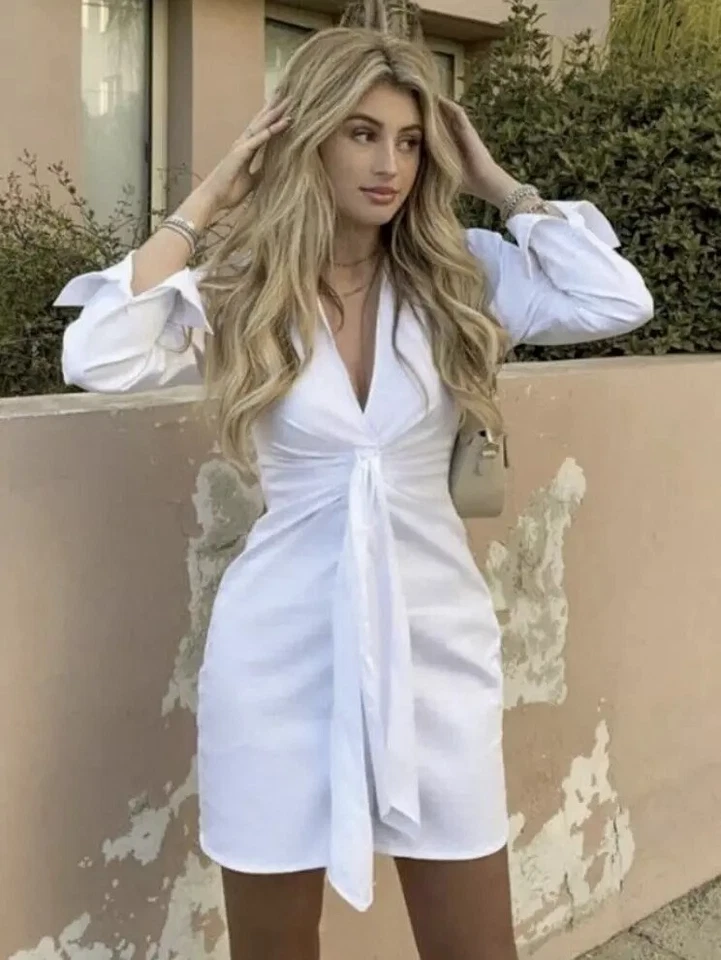 ZARA WOMAN SHORT POPLIN DRESS WITH KNOT DETAIL WHITE Size Large 4661/118 Bridal