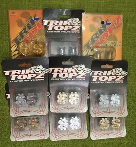 9 TRIK TOPZ Custom Valve Caps 7 DOLLAR SIGNS 2 JESTER’S FOOL’S CROWN Gold Silver - Picture 1 of 2