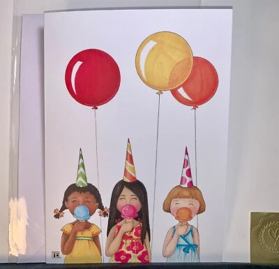 Happy Birthday Card! Mary Engelbreit Girls with IceCream Cones and Balloons! - Image 1 of 2