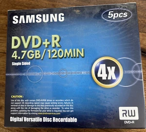 SAMSUNG DVD+R 4.7GB 120 minutes Single Sided 5 Pk Jewel Case Factory Sealed - Picture 1 of 6