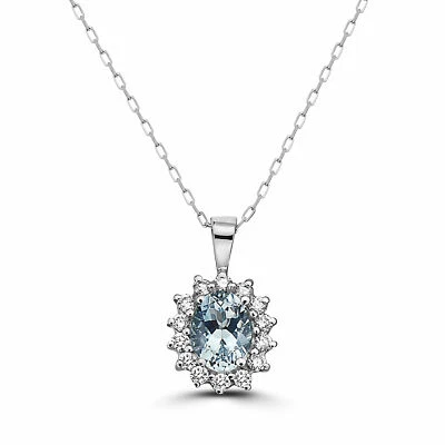 Birthstone 14K White Gold Aquamarine Nude Diamond 0.89 cts 18" Pendant Necklace - Image 1 of 4