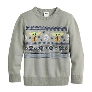 JUMPING BEANS STAR WARS BABY YODA CHRISTMAS SWEATER Boy's Size 4 Grey Fair Isle - Picture 1 of 3