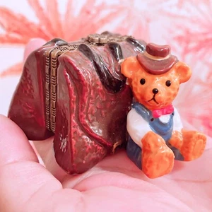 Ceramic English Traveler Teddy Bear With Hat & Leather Duffle Bag Trinket Box - Picture 1 of 7
