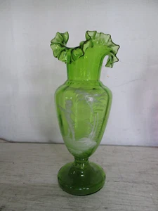 Vintage Mary Gregory 10 1/2" Ribbon Top Vase Hand Painted Emerald Pontil Mark - Picture 1 of 4