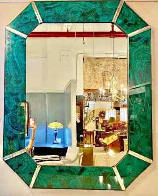 Marco de espejo de piedras preciosas de malaquita, marco de espejo de pared de malaquita decoración de sala de estar Foto 1 de 4