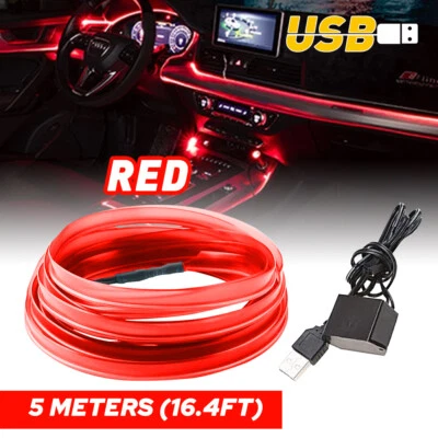 Car Interior Atmosphere Wire Auto Strip Light LED Decor Lamp Accessories Red 5m - Image 1 of 4