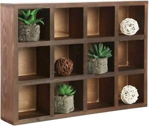12 Compartment Freestanding Wall Mounted Shadow Box,Brown Wood Display Shelf