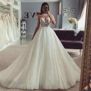 Luxury A-Line Wedding Dresses High Neck Sulfur Sleeves Lace Applique Bridal Gown - Picture 1 of 12
