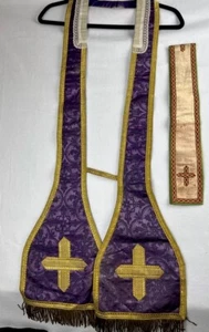 Antique Vestments Maniple Stole Priest Fabric Gold Purple Chasuble Damask - Bild 1 von 24