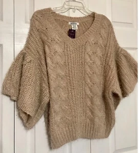 Solution Grobstrickpullover mit Zopfmuster OS Caramel Peach weich flauschig V-Ausschnitt kuschelig NEU - Bild 1 von 6