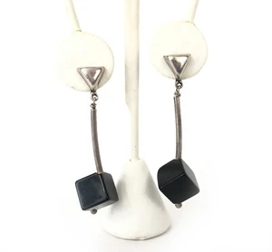 Cubist 2 1/8" Long Dangle Drop Sterling Silver 925 Black Cube Earrings - Picture 1 of 5