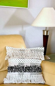 Contemporary Boho Woven Beige Dark Gray Tasseled Tufted 18" Throw Pillow Cover - Picture 1 of 4