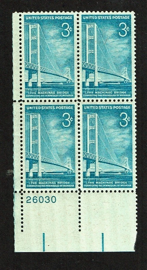 1958 U.S. Commemorative 3c MACHINAC BRIDGE  Plt#Blk  Sc#1109 M/NH/OG - Image 1 of 1