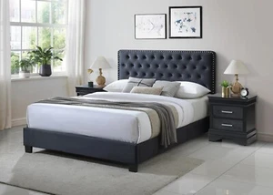 Contemporary Upholstered 3pc King Size Panel Bed and Nightstands Set Dark Gray - Picture 1 of 7