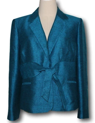 KASPER Petite (16P) Shimmery Belted Look Jacket Faux Pockets Turquoise LN - Image 1 of 4