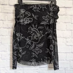 Vintage Elana Kattan Off Shoulder Mesh Top S Black White Floral Y2K Long Sleeve - Picture 1 of 4