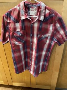 Levis Mens Pearl Snap Western Button Up Short Sleeve Plaid Red Blue Size L AO17 - Picture 1 of 23