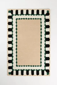 Geometrische Bordüre Vorleger 4x6 Fuß Modern Handgetufteter Teppich Beige Schwarz Grün Dez - Bild 1 von 4
